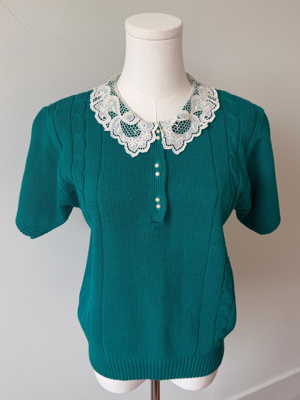 Vintage Teal Knit Top with White Lace Collar - Picture 2 of 5